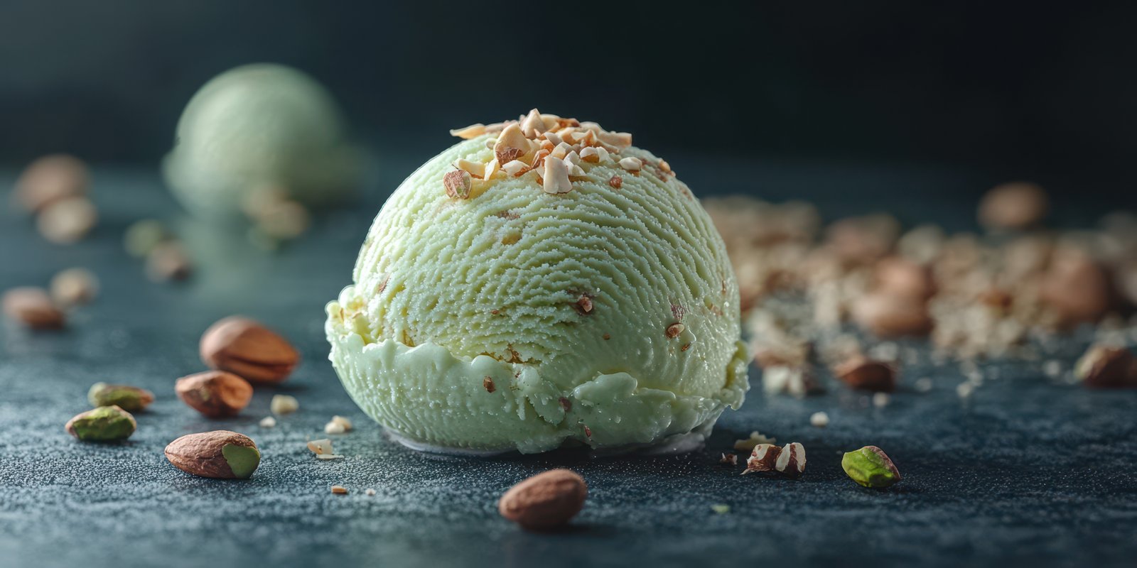 Creamy pistachio ice cream scoop with chopped nuts on dark textured surface
